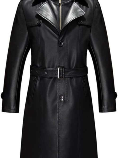 Mens Double Collar Long Trench Coat Long PU Leather Jacket Parka (S-XL)
