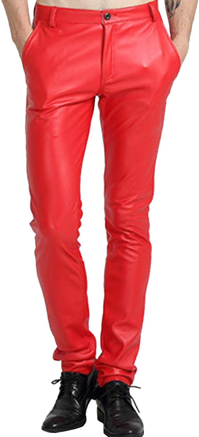 Men's Skinny Straight Leg Tapered Pu Faux Leather Motorcycle Biker Pants