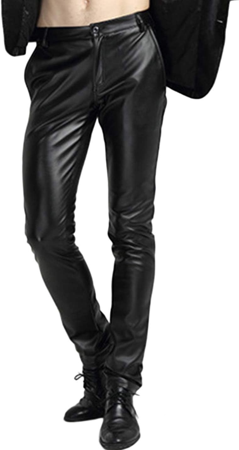 Men's Skinny Straight Leg Tapered Pu Faux Leather Motorcycle Biker Pants