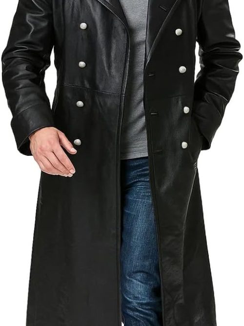 Mens Genuine Leather Trench Coat German Military Officer Uniform Long Black Leather Pea Coat WW2 Trench Coat
