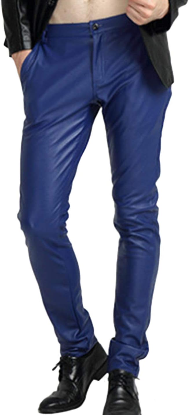 Men's Skinny Straight Leg Tapered Pu Faux Leather Motorcycle Biker Pants