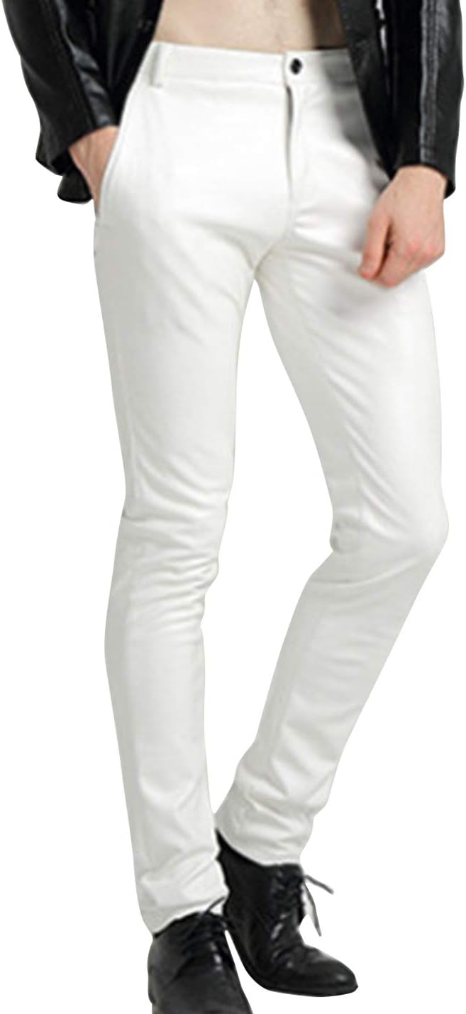 Men's Skinny Straight Leg Tapered Pu Faux Leather Motorcycle Biker Pants