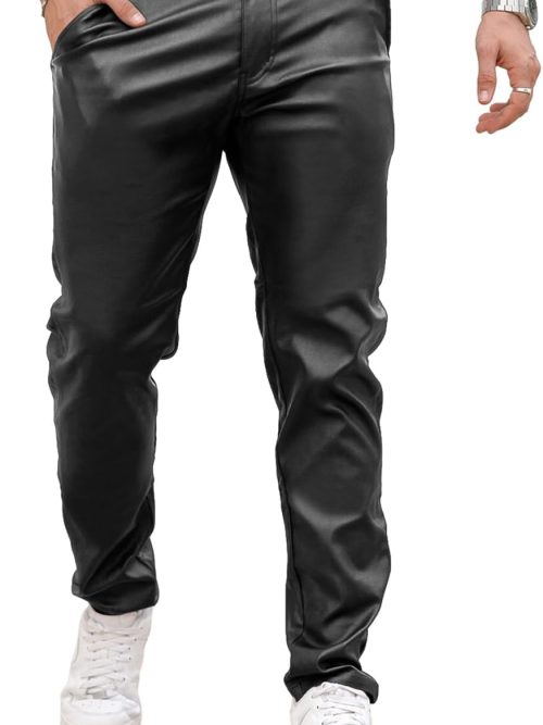 Mens Leather Pants Slim Fit Disco Pants for Men Stretch