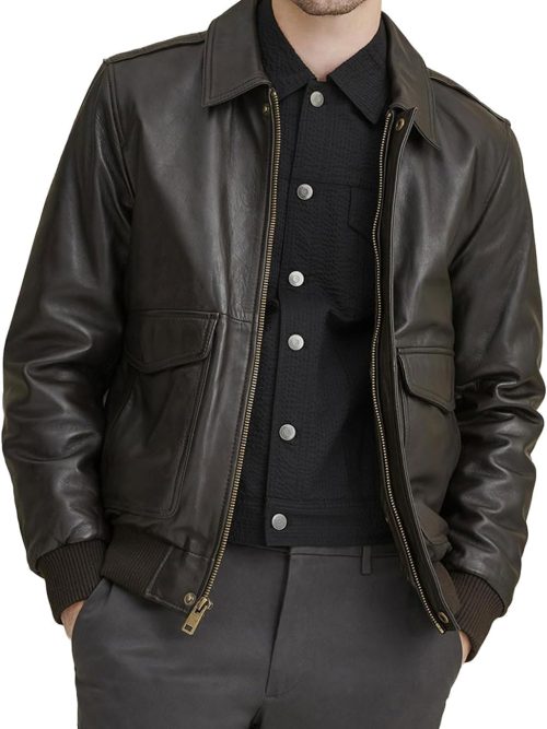 Men's Classic A2 Aviator WWII Flying Tiger Leather Jacket - Pilot Bomber Leather Jacket With Shirt Collar For Men