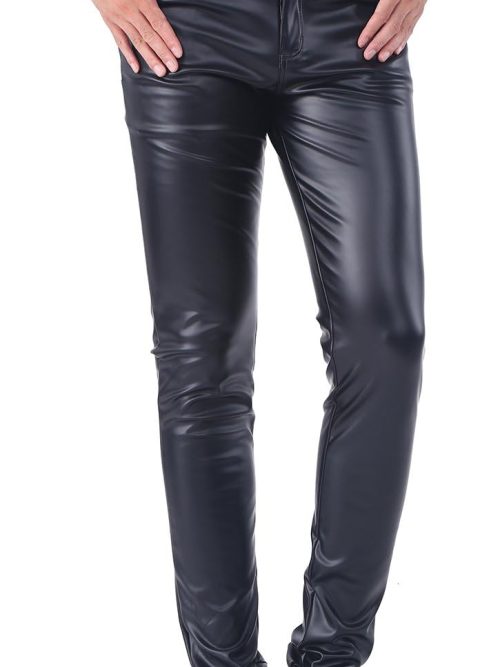 Men`s Business Slim Fit Five Pockets Faux Leather Pants Jeans