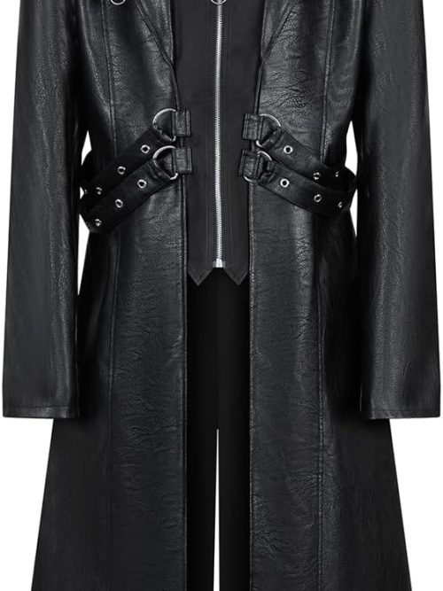 Men's 70s PU Leather Trench Coat Long German Style Punk Motorcycle Jacket Black Fuxs Leather Zipper Coat