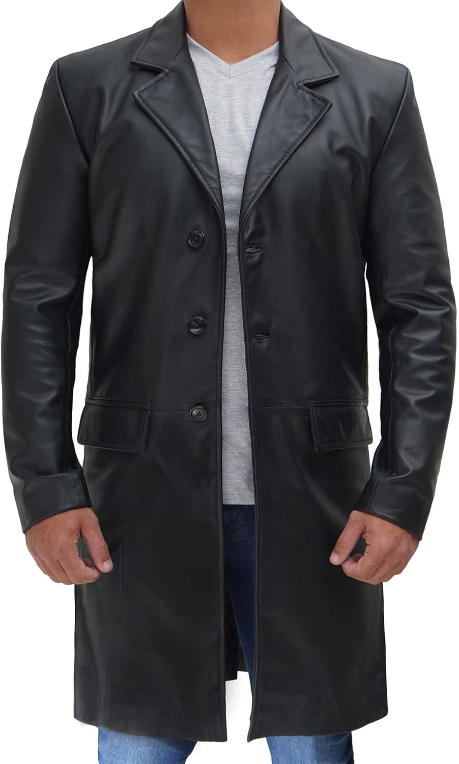Leather Trench Coat Men - Real Leather Long Overcoat for Mens