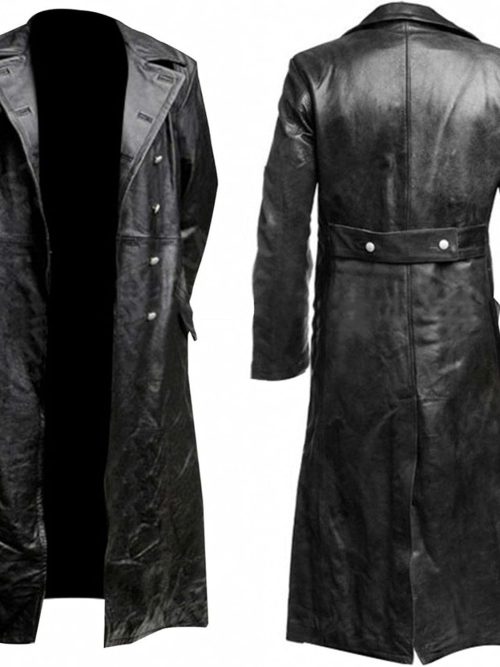 Mens Vintage Classic WW2 Officer Military Uniform Black Leather Trench Coat Jacket Long Trench Coat Motorcycle Jakcet