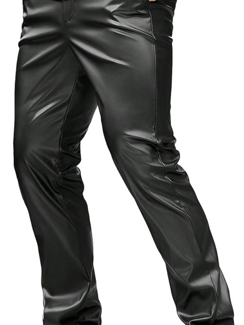 Men's Casual Stacked PU Leather Flares Pants Wide Leg Skinny Motorcycle Biker Pants