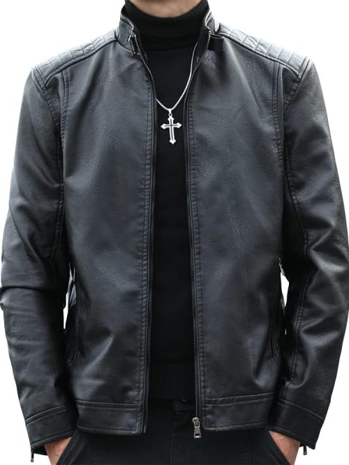 Mens Casual Stand Collar Faux Leather Jacket Biker Motorcycle Jackets