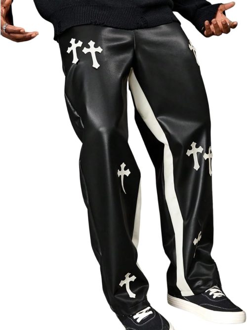 Men's Cross Graphic Hip Hop Pants Punk PU Leather Straight Leg Long Trousers with Pockets