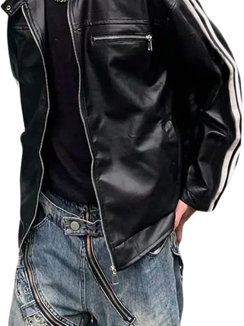 Men's Side Stripe Faux Leather Jacket Zip Up Motorcycle Coats Outerwear Streetwear