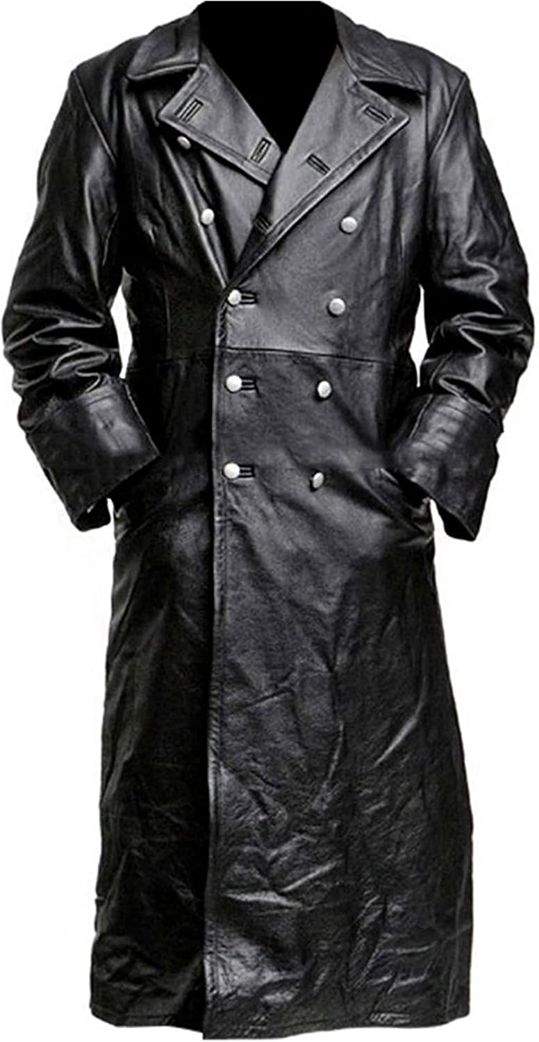 German Classic Officer WW2 Military Uniform Black Leather Trench Coat
