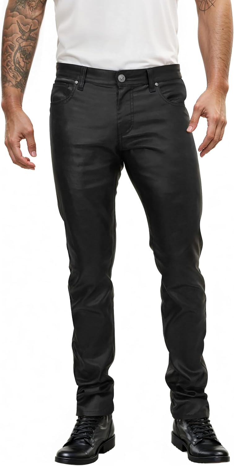 Mens Slim Fit Stretch Fashion Casual Faux Leather Pants