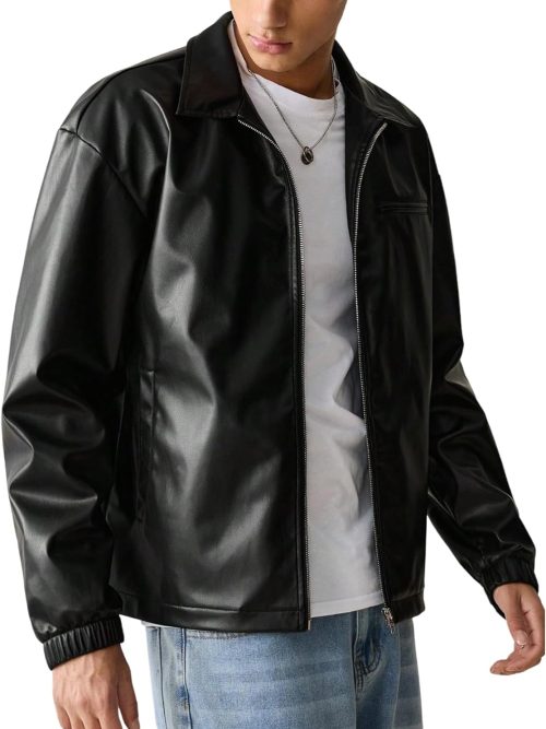 Men's Faux Leather Jacket Collar Zip Up Motorcycle PU Jackets Lightweight Outerwear Biker Vintage Coat