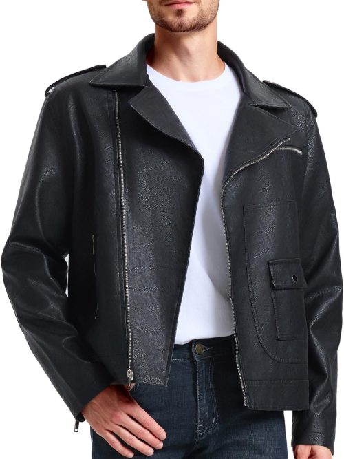 Men's Leather Jackets, Faux Bomber Jacket for Men Motorcycle Lapel Asymmetric Zip-Up Slim Fit Biker Coat