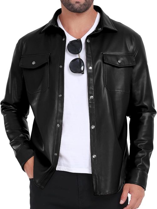 Men's Faux Leather Jacket, Slim Fit Stretch Classic Windbreak Jacket Lapel Collar Button Down Microfleece
