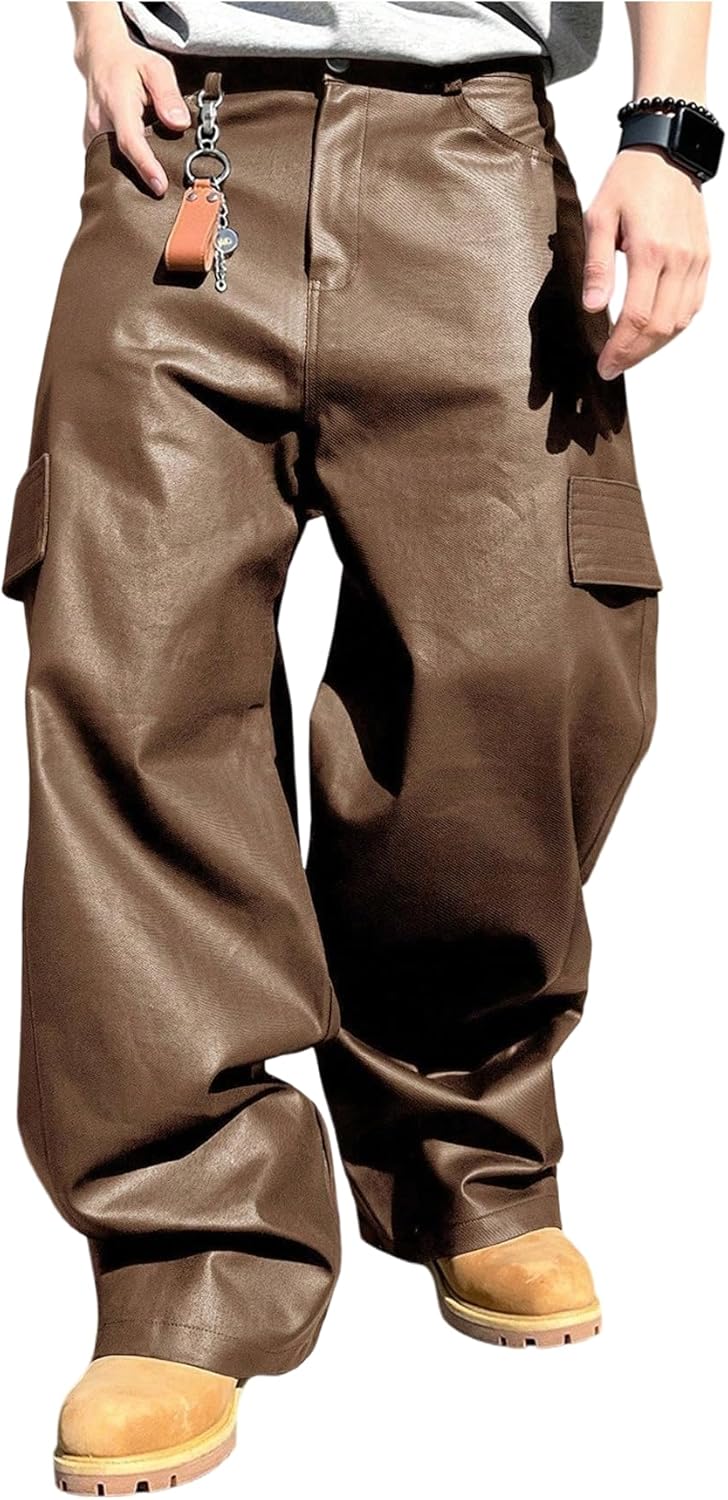 Men's Faux Leather Cargo Pants Wide Leg Baggy Trousers Straight Leg Leather Pants with Pockets Streetwear