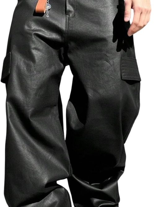 Men's Faux Leather Cargo Pants  Wide Leg Baggy Trousers Straight Leg Leather Pants with Pockets Streetwear