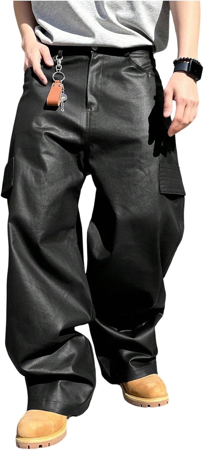 Men's Faux Leather Cargo Pants Wide Leg Baggy Trousers Straight Leg Leather Pants with Pockets Streetwear