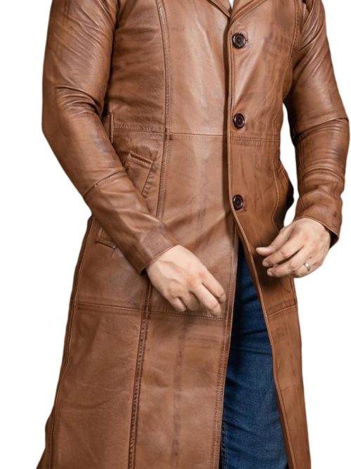 Vintage Classic Leather Trench Coat Men - Full Length Duster Overcoat Lambskin Leather Long Coats for Men