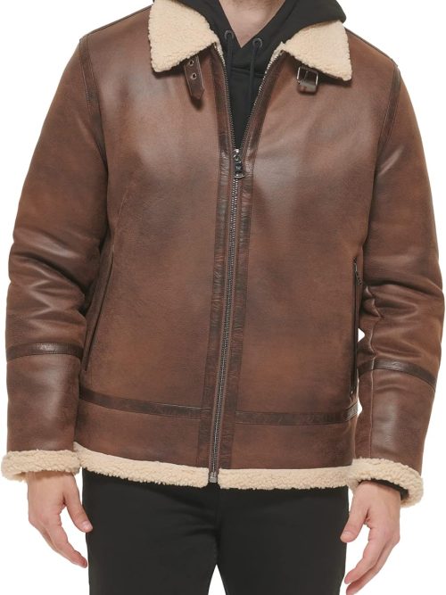 Mens Faux Leather Jacket Men - Bomber Jacket With Shearling Lining