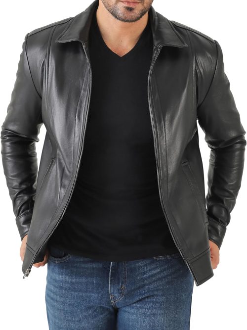 Classic Shirt Collar Leather Jacket Men -  Style Real Lambskin Mens Leather Jacket