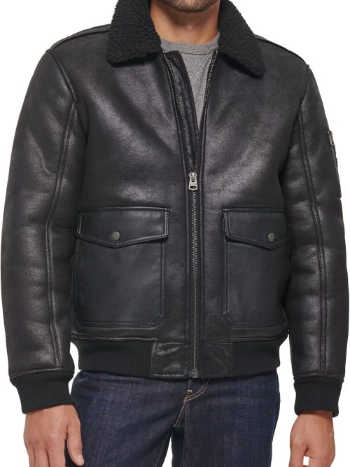 mens Faux Leather Aviator Bomber Jacket With Sherpa Lined Collar