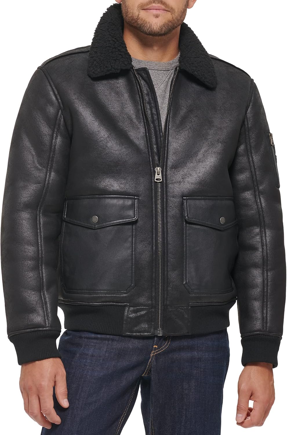mens Faux Leather Aviator Bomber Jacket With Sherpa Lined Collar