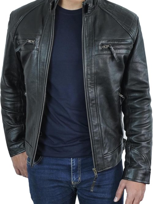 Mens Leather Jacket - Quilted Shoulders Real Lambskin Moto Style Leather Jacket Men