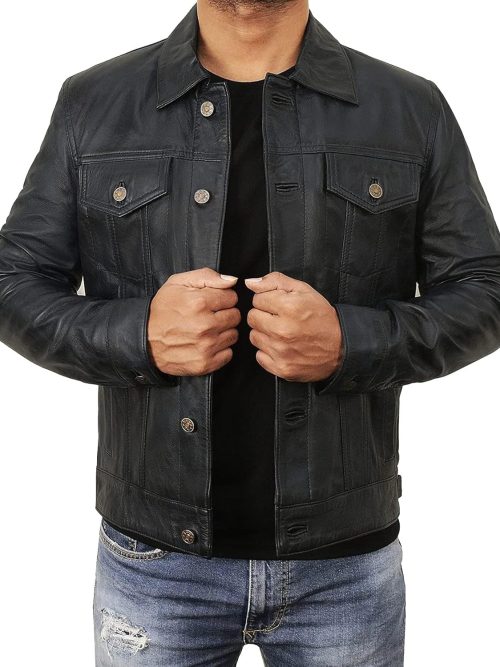 Leather Trucker Jacket Men - Real Lambskin Shirt Style Vintage Fashion Mens Leather Jacket