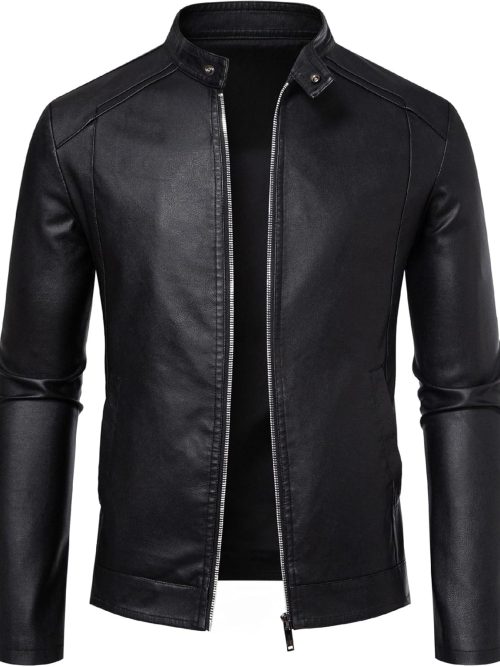 Leather Jackets for Men Faux Leather Stand Collar Motorcycle Bomber Jacket