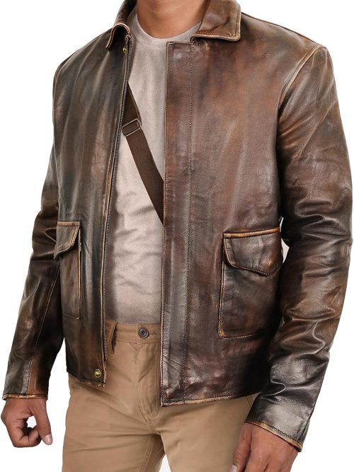 Brown Leather Jacket Men - Vintage Collar Distressed Style Mens Leather Motorcycle Jacket