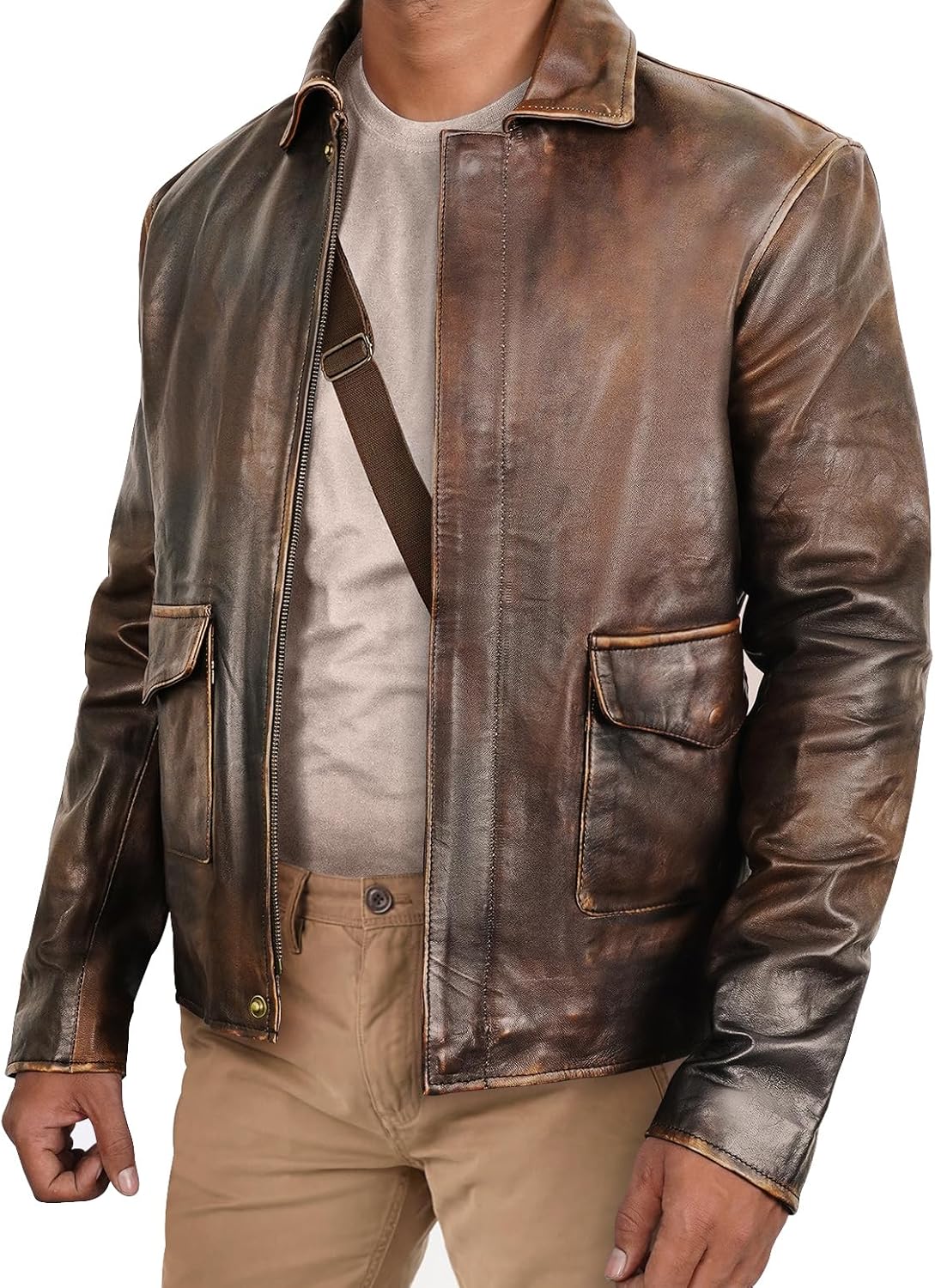 Brown Leather Jacket Men - Vintage Collar Distressed Style Mens Leather Motorcycle Jacket