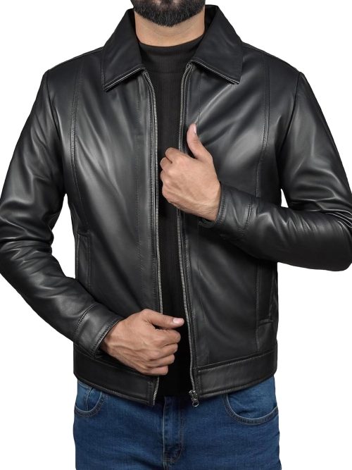 Mens Full Grain Pure Leather Jacket - Real Lambskin Classic Shirt Collar Motorcycle Leather Jackets for Men