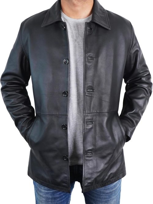 Mens Classic Winter Leather Car Coat 3/4 Length - Button Up Real Lambskin Long Jacket