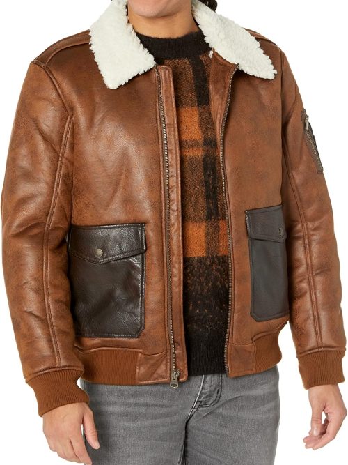 mens Faux Leather Aviator Bomber Jacket With Sherpa Lined Collar